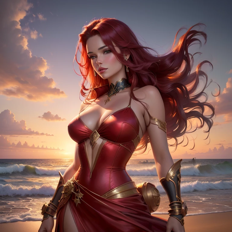 painting of woman in red dress on beach, Julie Bell Бипл, Julie Bell, Alena Enami and Artgerm, Detailed 4k digital art, stunning artwork in 8k, Highly detailed 4K digital art, beautiful art uhd 4k, beautiful digital images, 4k fantasy art, 4k digital image, Epic fantasy in digital art style