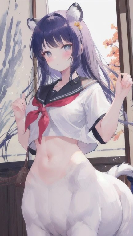 (best quality, masterpiece), 1 girl, centaur, I beg, White skin, Japanese schoolgirl,daughter,black pink, exposing the abdomen, belly button t-shirt , beautiful girl perfect, White tiger photo, 완벽한 White tiger photo