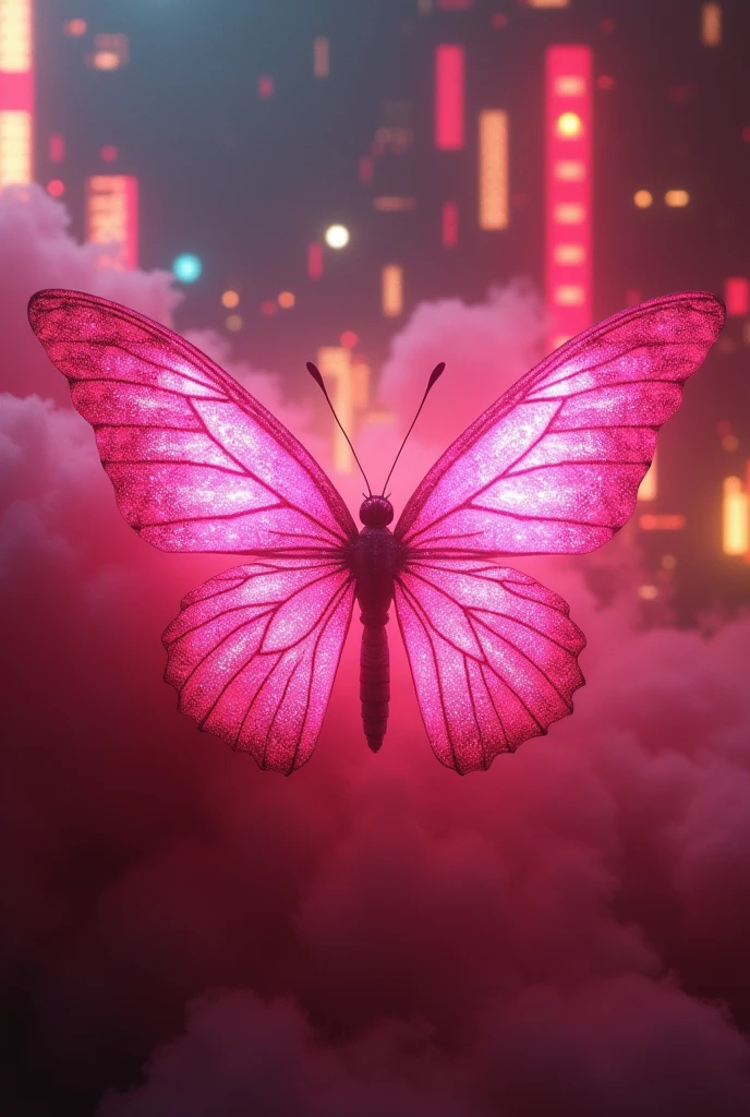 Butter fly background for gaming channel with red, pink and yellow fumes butter fly colour is pink give me vibe with cyberpunk style image ratio 6:19
