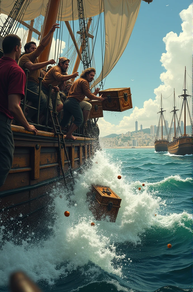  "Create an image of chests of tea being thrown overboard into the water from a ship, with tea spilling into the harbor."