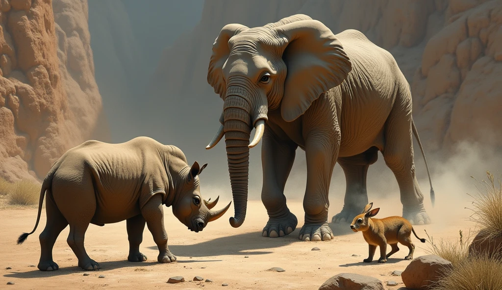 They thought that if the lion ate them, what would become of them. So, they decided to follow the lion's command.a rhinoceros, an elephant, and a rabbit.