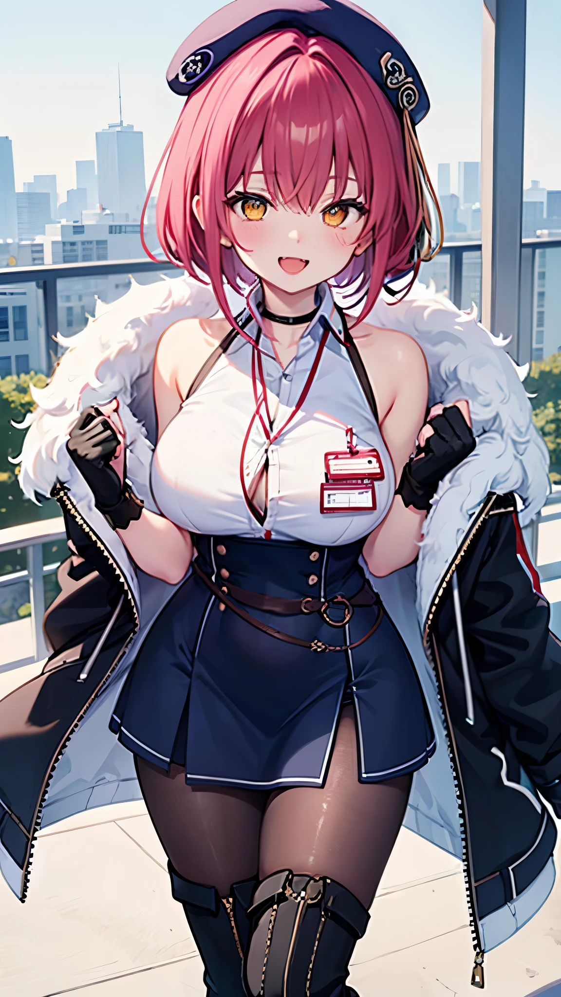 ((Masterpiece)), (Best Quality), marine_beret, Collared_White_Shirt, Sleeveless, High-waisted Skirt, Pantyhose, Blue Jacket, Fur Embellishment, Fingerless Gloves, ID Card, Solo,marine_officer,, black pantyhose, black gloves, thigh boots, beret,houshou_marine,heterochromia, orange eye, yellow eye,open_mouth,big_smile,fang,big_breasts,,office_landscape,red_short_hair,(plump:0.7),grin,open_mouth,tongue,
