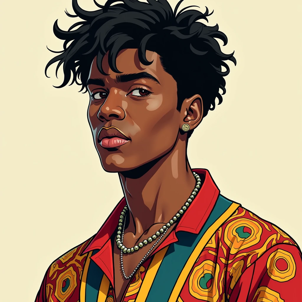 young man, black, short wavy hair, manhwa style, the same outfit and pose with prompts