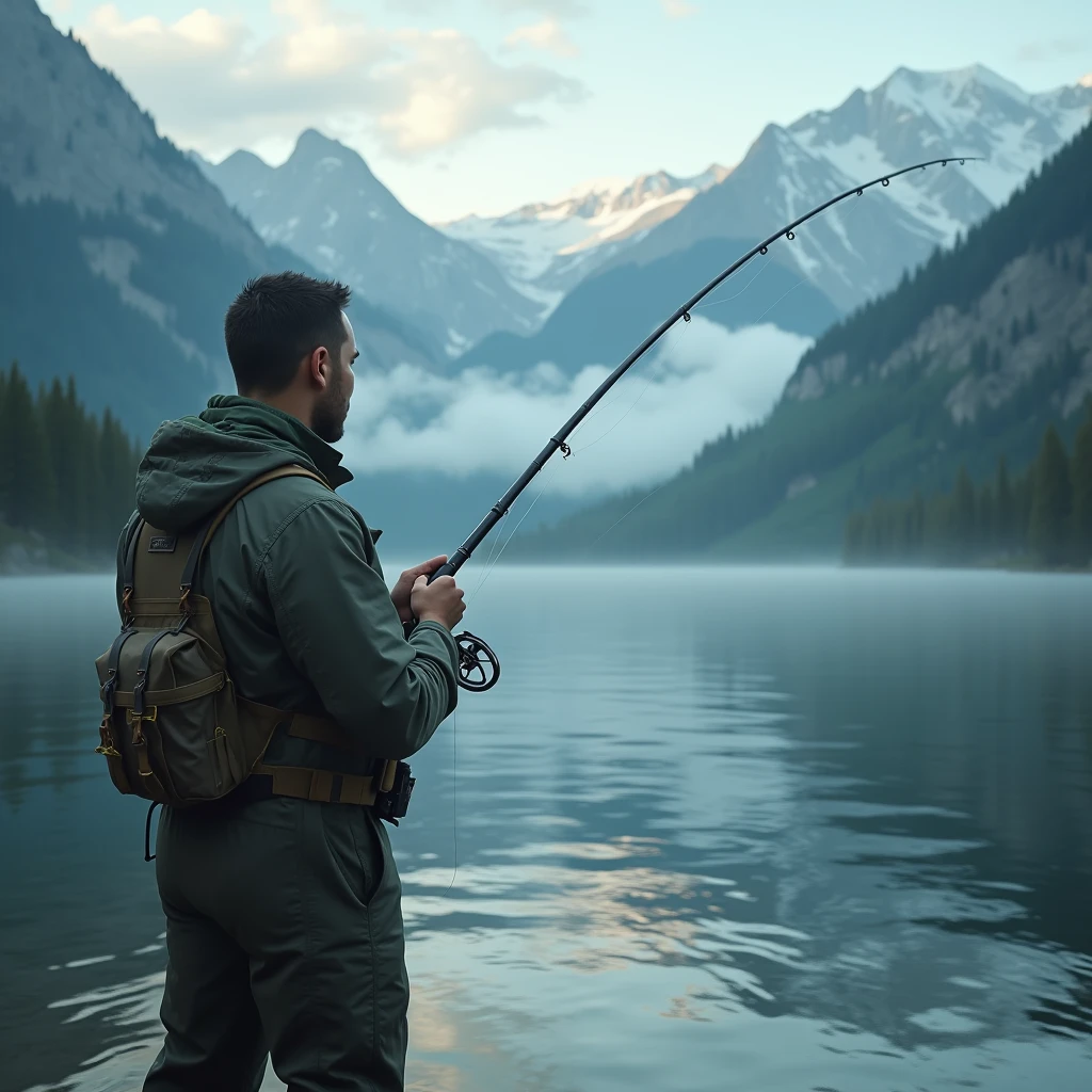 a fisherman holding a fishing rod, fishing in a peaceful lake surrounded by mountains, beautiful detailed eyes, beautiful detailed lips, extremely detailed eyes and face, longeyelashes, cinematic lighting, dynamic composition, mist over the lake, detailed ripples on the water, (best quality,4k,8k,highres,masterpiece:1.2),ultra-detailed,(realistic,photorealistic,photo-realistic:1.37),landscape,vivid colors,natural lighting