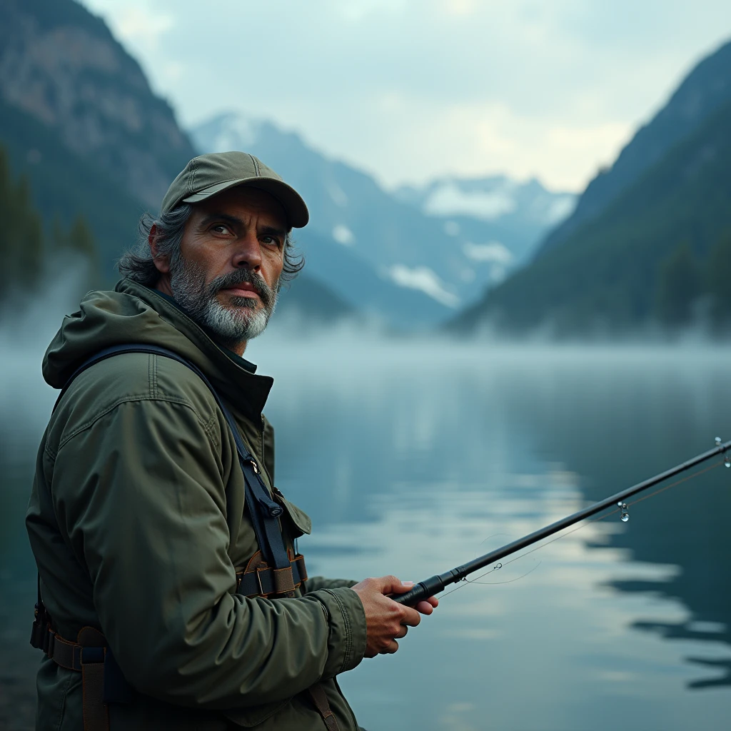 a fisherman holding a fishing rod, fishing in a peaceful lake surrounded by mountains, beautiful detailed eyes, beautiful detailed lips, extremely detailed eyes and face, longeyelashes, cinematic lighting, dynamic composition, mist over the lake, detailed ripples on the water, (best quality,4k,8k,highres,masterpiece:1.2),ultra-detailed,(realistic,photorealistic,photo-realistic:1.37),landscape,vivid colors,natural lighting