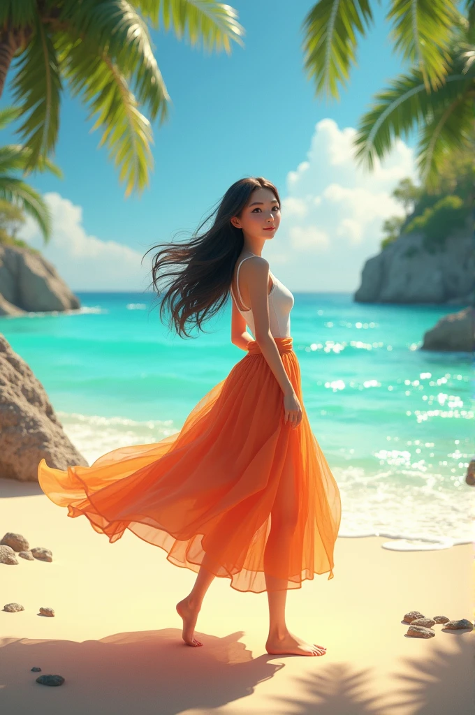 Credit 3d animation beautiful young girl on the beach in Hot skirt