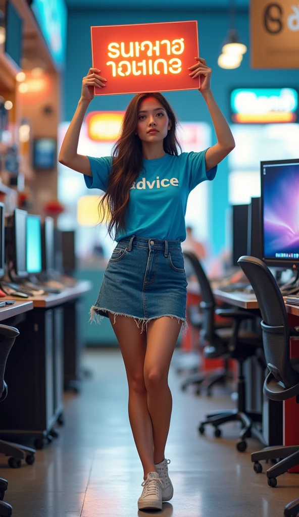 A BEAUTIFUL THAI GIRL WITH long HAIR, WEARING A BLUE T-SHIRT WITH THE WORD "ADVICE" PRINTED ON IT, WEARING A SKIRT OF SHORT JEANS, AND WEARING WHITE SNEAKERS ((STANDING WITH A LARGE SIGN ABOVE HER HEAD WITH THE WORD "GENAI TRANG"))) IN A COMPUTER STORE. Tablet, (((Full)))., Proportional, massive breasts