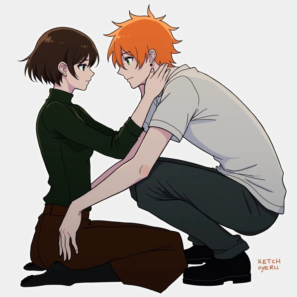 A guy with orange hair and green eyes, a white T-shirt, dark gray pants, squatting in front of a girl with very short dark brown hair, black eyes, in a dark green sweater and dark brown skirts, anime art, masterpiece, realistic, over-detailed, professional quality