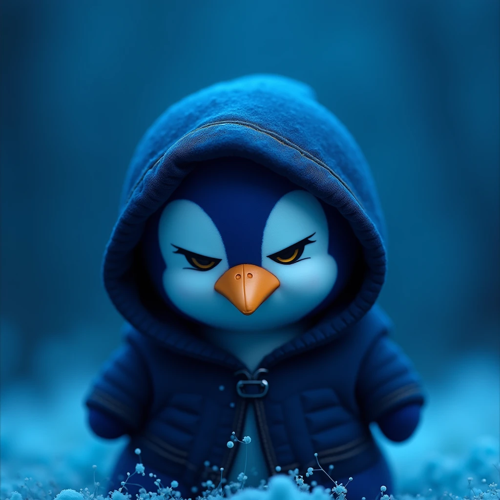 Resistance penguin coin , black hoodie , blue penguin , blue background , cute , eyes closed , mysterious , head bowed , only head , angry face