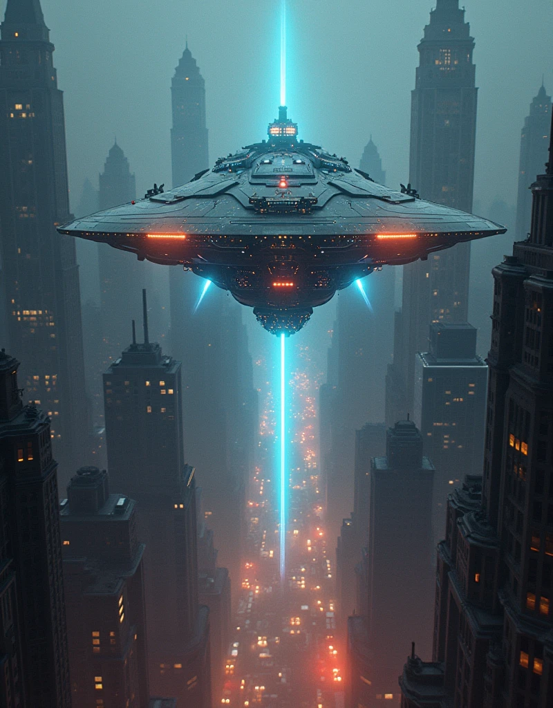 circuit spaceship at dawn, ancient architecture in the shape of a New York, a massive, intricate and detailed circuit resembling a cryptic geometric pattern, illuminated by a pulsating, multicolored light that shifts in rhythm. Movie poster, cinematic, hd, ultra-realism, digital artwork, illustrative, painterly, matte painting, rule of thirds, masterpiece, award winning art, trending on art-station, Mysterious