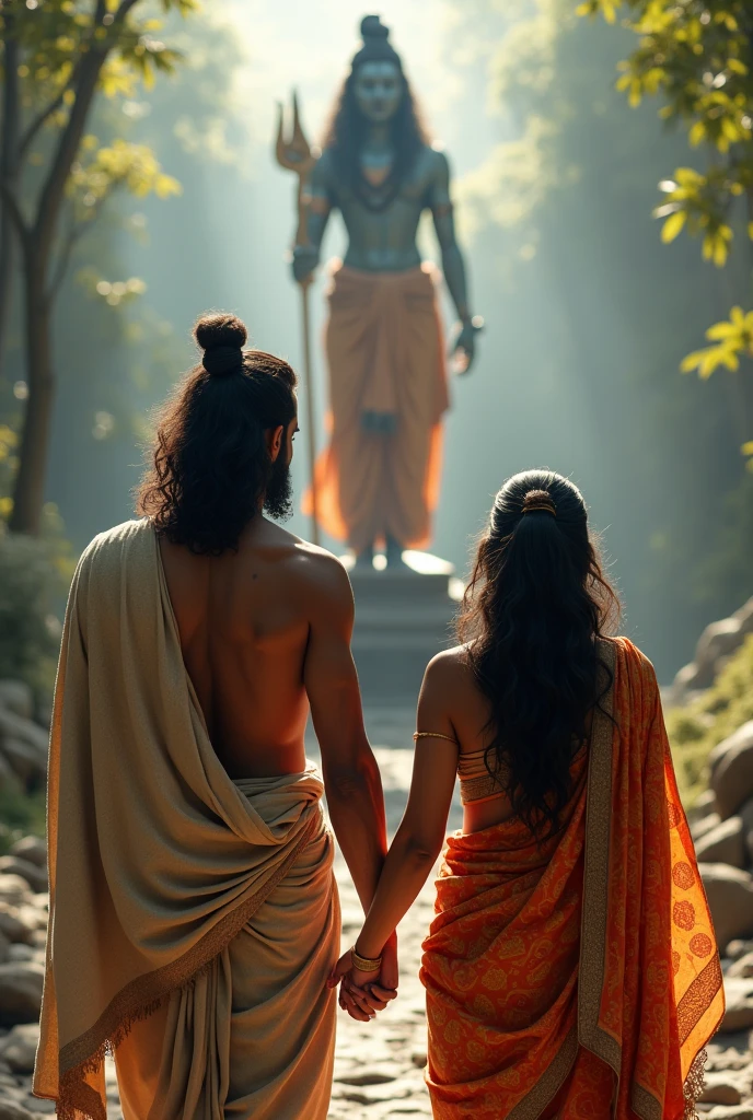 Create an AI image of man wearing dhoti and woman wearing saree ...Both of them holding the hands beside lord Shiva statue.