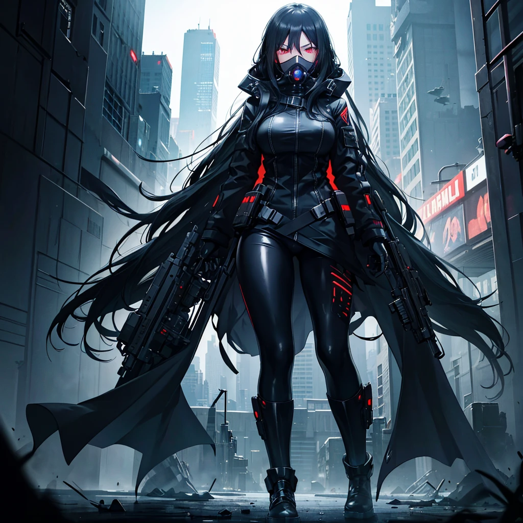 woman, long black hair, wears a very long black cape, futuristic gas mask, black latex top, tight cyberpunk leggings, black boots, assassin pose, destroyed night city background, cinematic lighting, high definition.