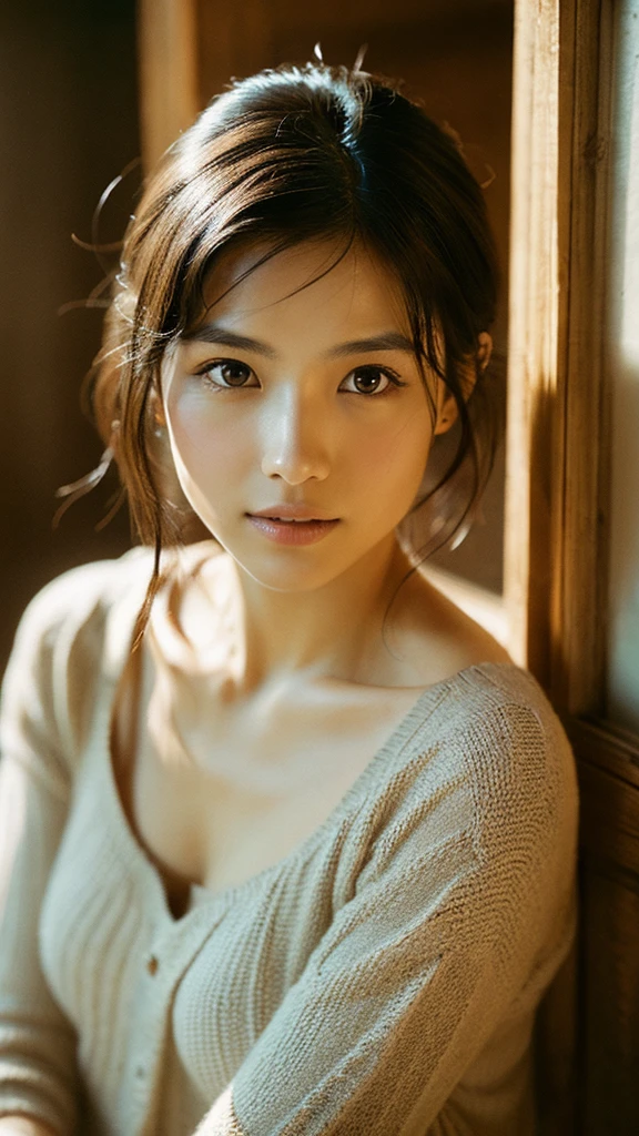 A hyper-realistic image of a single Japanese woman in her early 20s, captured with the nostalgic warmth and subtle graininess of a film camera. Her skin has a warm beige tone with a natural, slightly rough texture that includes visible pores, fine lines, and subtle imperfections such as small blemishes, adding to the authenticity of her appearance. The soft, diffused natural light enhances the film-like quality, casting gentle shadows that create a timeless, organic feel. Her straight, glossy black hair frames her face in a natural, slightly tousled manner, and her deep brown eyes reflect the ambient light, adding depth and emotion. The film camera effect introduces a slight grain and a softer focus, giving the image a warm, nostalgic atmosphere while maintaining the realistic texture of her skin. She is dressed simply, in a way that complements her natural beauty, with the overall composition designed to evoke a sense of genuine, understated elegance. The use of natural light, combined with the deliberately rougher texture of her skin and the film-like qualities, ensures that this image captures the imperfections that make her beauty truly lifelike, focusing solely on this one individual.