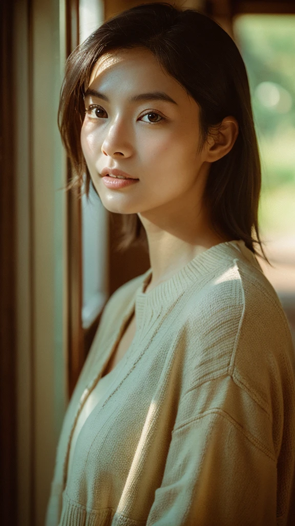A hyper-realistic image of a single Japanese woman in her early 20s, captured with the nostalgic warmth and subtle graininess of a film camera. Her skin has a warm beige tone with a natural, slightly rough texture that includes visible pores, fine lines, and subtle imperfections such as small blemishes, adding to the authenticity of her appearance. The soft, diffused natural light enhances the film-like quality, casting gentle shadows that create a timeless, organic feel. Her straight, glossy black hair frames her face in a natural, slightly tousled manner, and her deep brown eyes reflect the ambient light, adding depth and emotion. The film camera effect introduces a slight grain and a softer focus, giving the image a warm, nostalgic atmosphere while maintaining the realistic texture of her skin. She is dressed simply, in a way that complements her natural beauty, with the overall composition designed to evoke a sense of genuine, understated elegance. The use of natural light, combined with the deliberately rougher texture of her skin and the film-like qualities, ensures that this image captures the imperfections that make her beauty truly lifelike, focusing solely on this one individual.