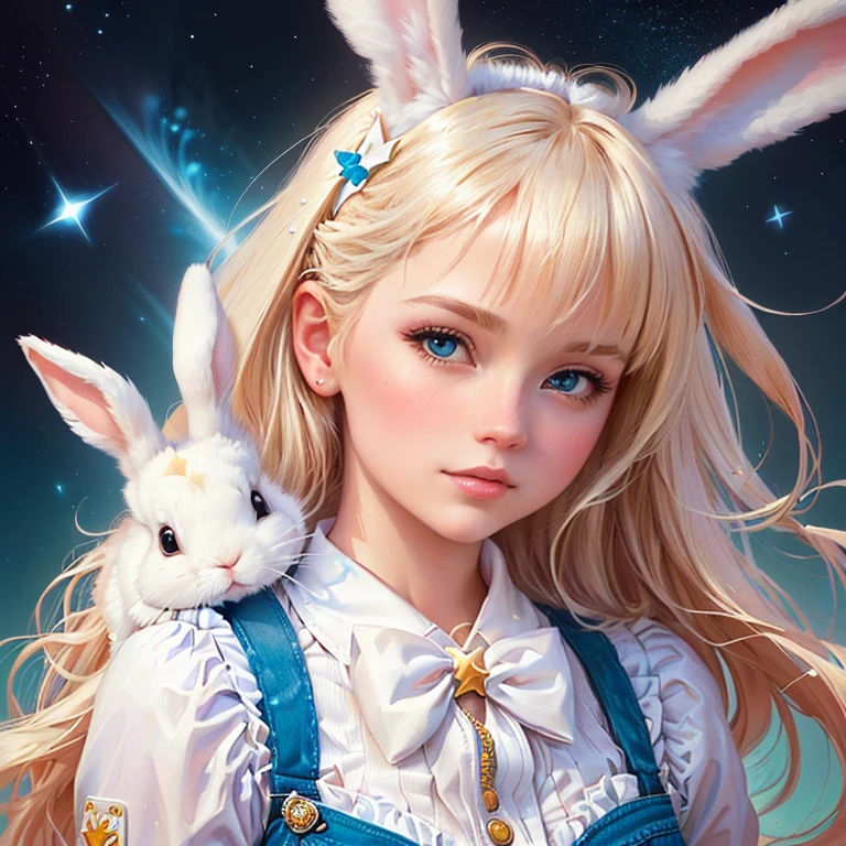 blonde with a rabbit on her shoulder and stars in the background, ultrarealistic sweet bunny girl, bunny girl, Beeple and Jeremiah Ketner, realistic picture of a cute girl, pop surrealism art style,  Early, white rabbit, charming digital painting, magical realism, whimsical art;, the white rabbit, Alex Gross, A wonderful illustration for a work of art, Inspired by Alison Kinnaird