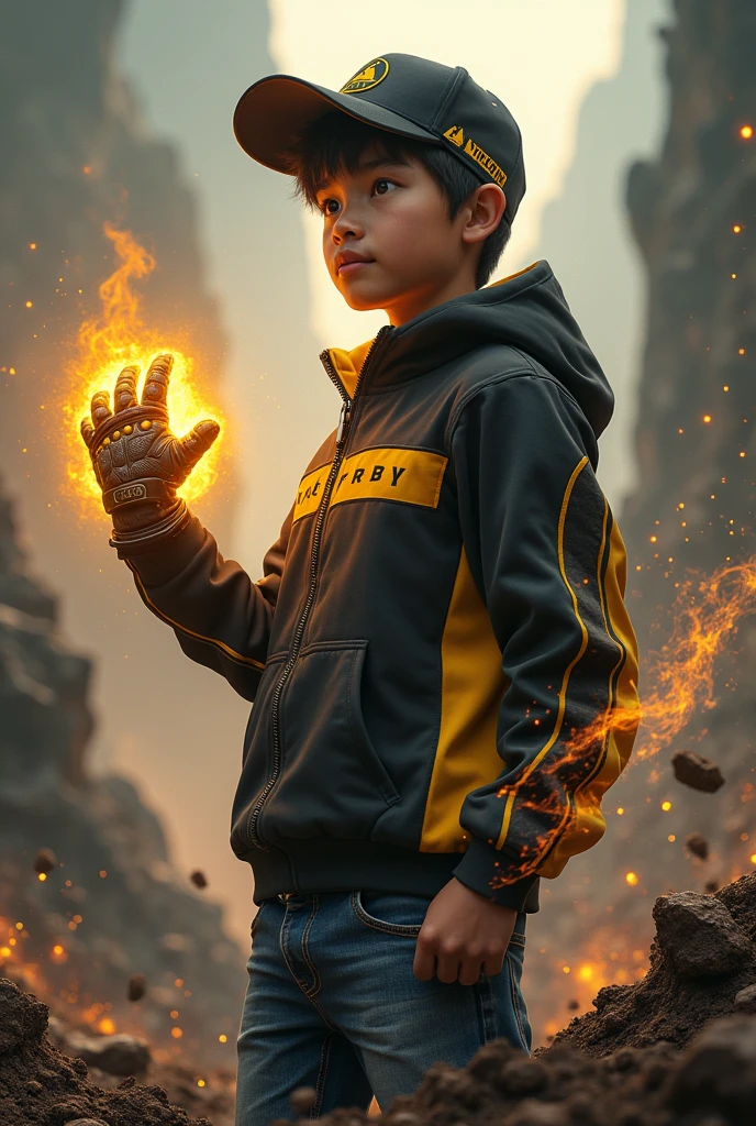 a young real boy Malaysia Indonesia . wearing an (black yellow ) zip-up shirt, (black yellow ) cap with small (mountain) logo, detailed face, cinematic lighting, dramatic atmosphere, vibrant colors, 8k, high quality, photorealistic. Hero suit. (Soil)come from his hand.big gaunlet rock color black yellow glowing .jeans pants. Very strong. Future design dress. Very epic.