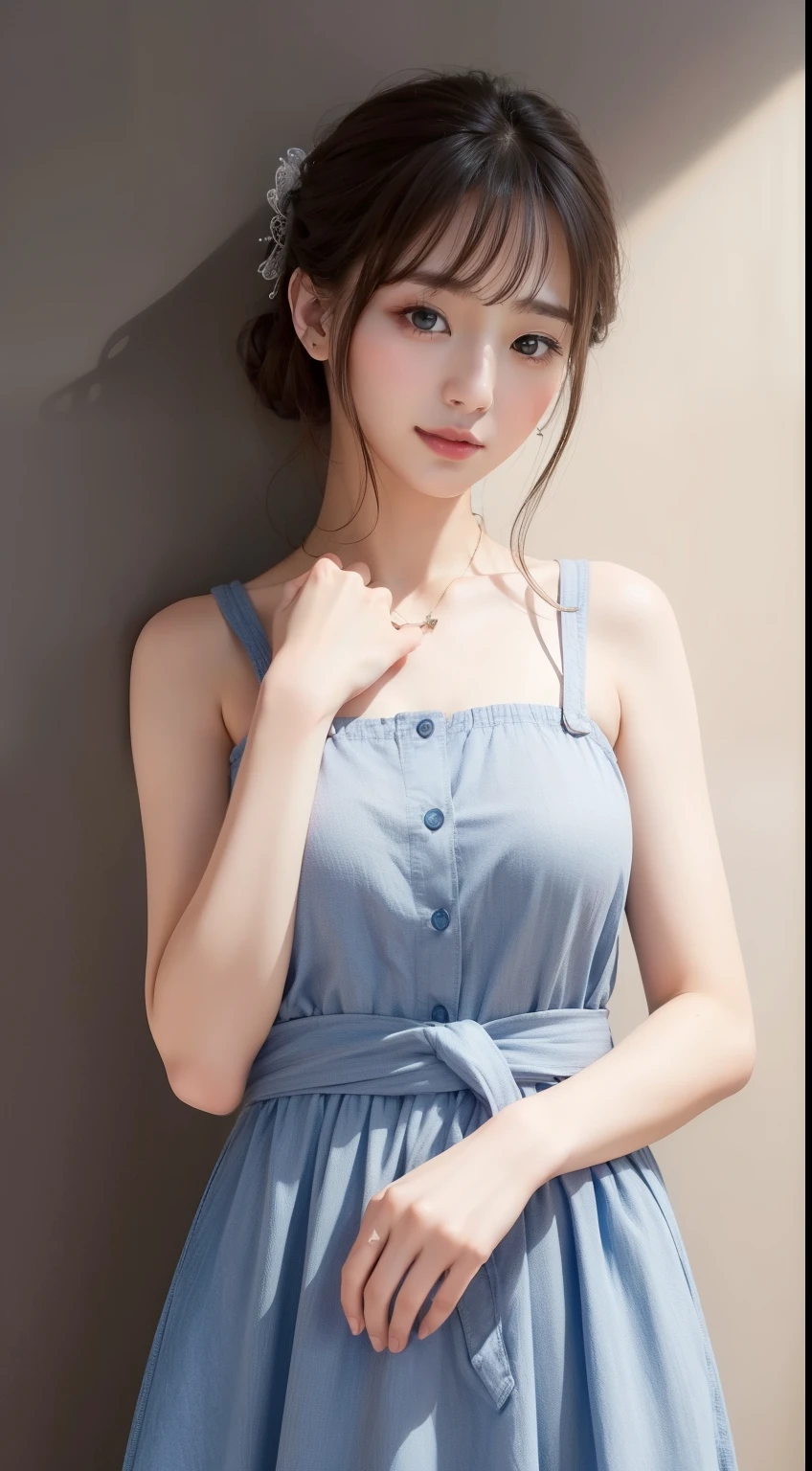 ((Highest quality、8k、masterpiece:1.3))、Cute Woman、one person's、(Slim figure:1.2)、Dark brown hair、Ultra detailed face、Detailed lips、Detailed eyes、double eyelid、(Big Breasts:1.2)、Random T-shirt、Random outfit、Random Location、a woman being、Private Server、dressing、now、smile、
