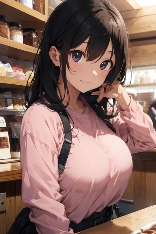 1 female, shy girl, tomboy, shy brushing face, pink long sleeve shirt, coffee, coffee shop, huge breast, police