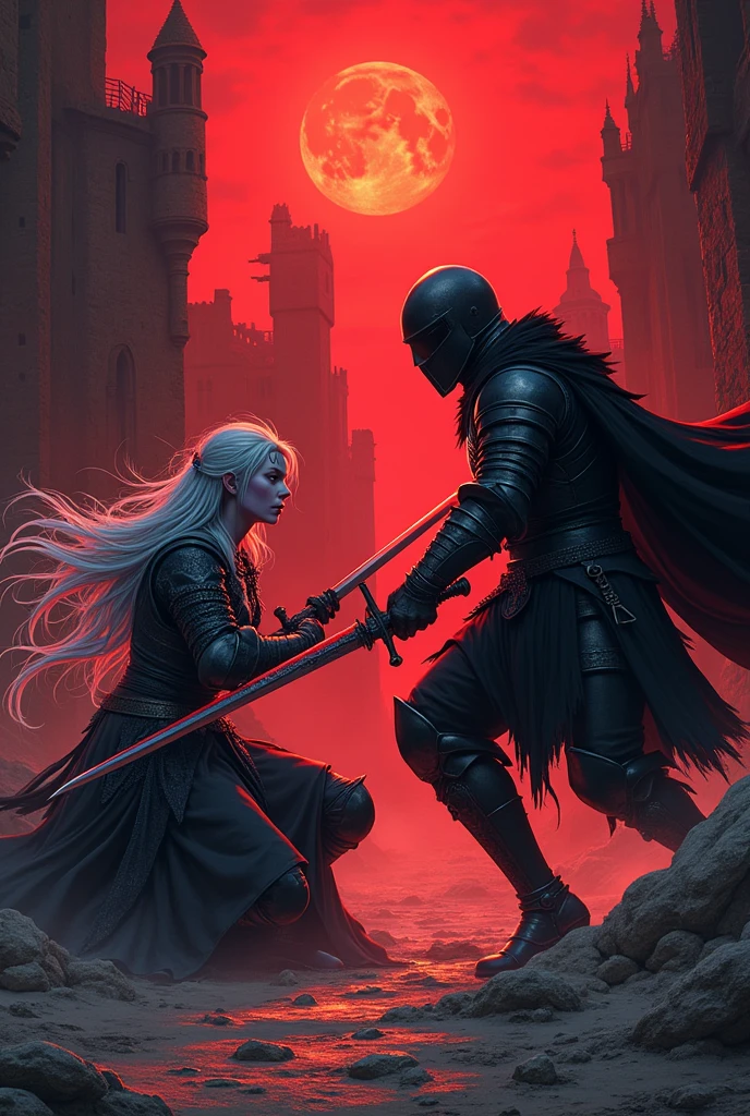 (super detailed faces, averted eyes, fantasy illustrations with gothic, ukiyoe, and comic art, rich colors), BREAK (this is a "city of ashes" in ruins. It was once a medieval European-style fortified city. Red moonlight illuminates the ruined earth); BREAK (Dark Elf: middle-aged Dark Elf woman with silver hair, blunt bangs, very long messy hair, dark purple skin, and lavender eyes); BREAK (Dark Elf female warrior wearing blue jeweled hair ornament and copper armor); BREAK ( ArmoredSoldier: medieval European style black helmet, black armor, black cloak, carrying a red-hot greatsword), BREAK (female dark elf warrior on left and dark knight on right facing each other in red moonlight in a fierce sword fight.) BREAK (female dark elf warrior holds slender long sword at an angle, knees on the ground, roars and swings the sword sideways), BREAK (male knight, black helmet and armor, clad in a terrifying red aura, turns and swings his great sword down on the female dark elf from above:1.3)