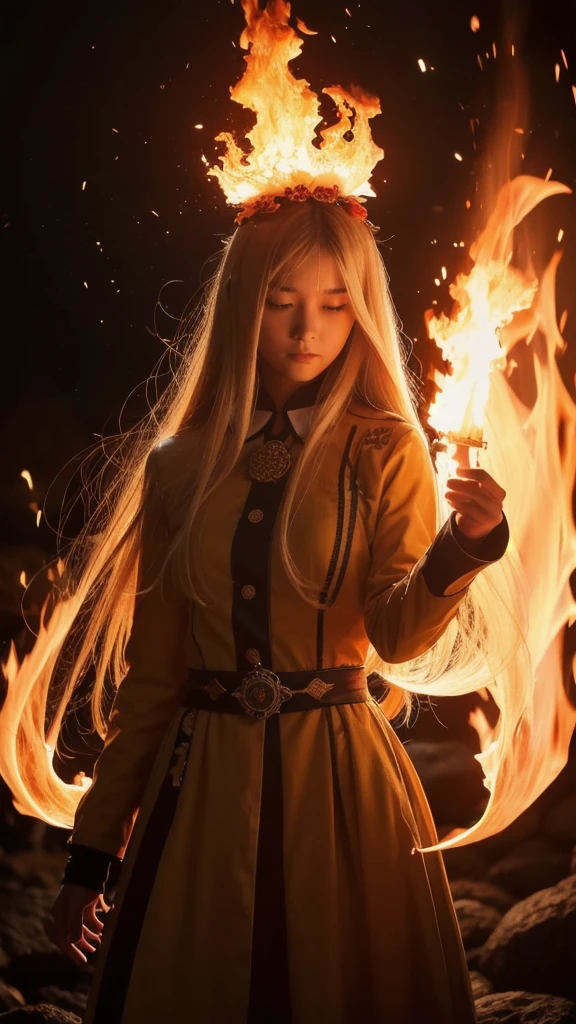 One person, 前髪を上げたLong Hair, breathing fire, combustion, Burnt clothes, knife, Ahoge, Beige Hair, Multicolored Hair, fire, inflammation, inflammationの剣, (Put your hand on the handle), Are standing, Long Hair,  Pyrokinesis, Expressionless, cigarette, flower(symbol),  alone, fireflower, sunset, Twilight, white flower, lava, Yuri (flower),  fiery flower, Depth of written boundary, combustion , Ultra-realistic 