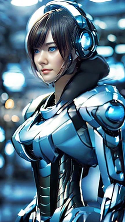 Wide-angle shot, 1 female, Mecha, Sparkling Blue Eyes, Very cute face, (Realistic:1.37), バイオMechaニカル, Spaceship interior bokeh background, Ultra-realistic, Very detailed, Very intricate details, Beautiful woman in focus