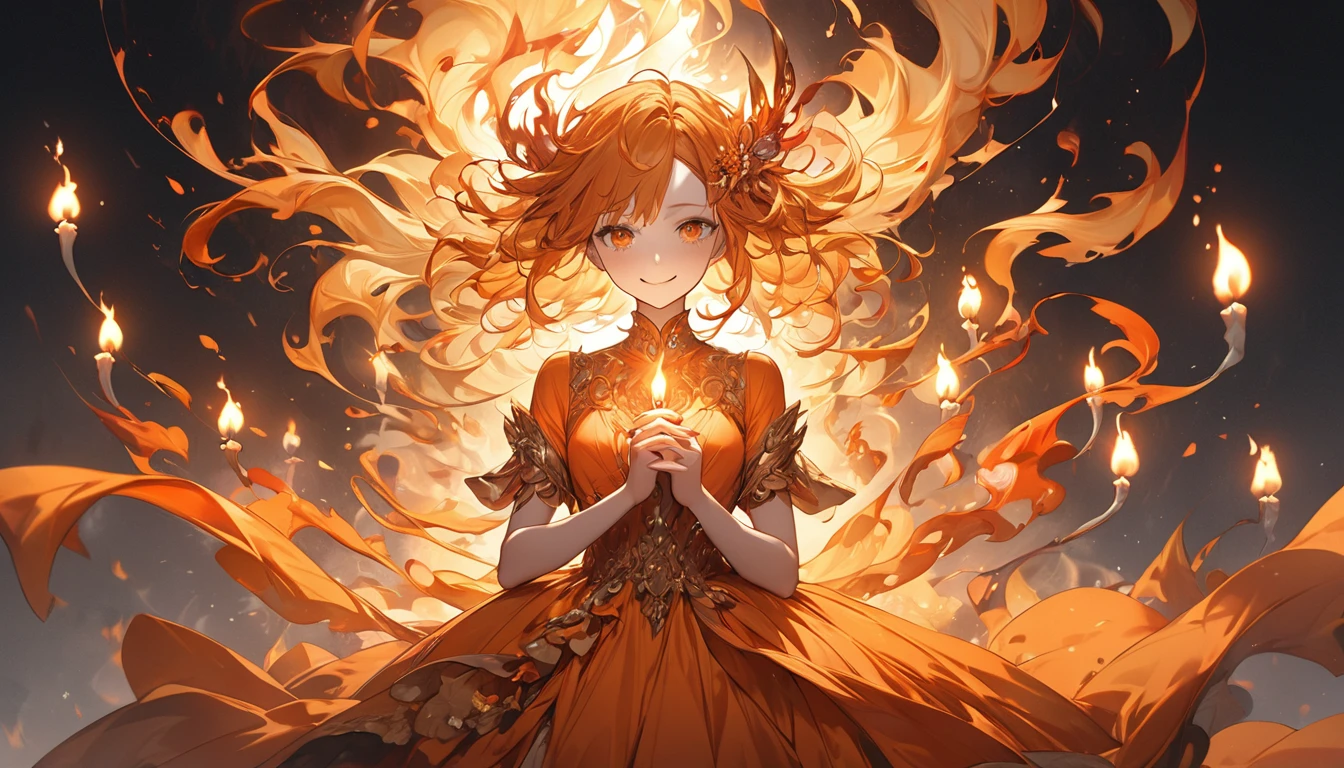 **324. One person。Personification of a candle flame。The embodiment of a candle flame, symbolizing warmth and transience。Cowboy shot or close-up。
masterpiece, best quality, ultra detailed (Detailed fingers), (Emotional), (Breathtakingly beautiful),
(main part: 1.2 Whole body。), (Anime Style), (Very detailed), (Candle flame personification),
(超High resolution, High resolution), (8k), (High resolution: 1.2), (Complex and beautiful: 1.2)**
- background: Flickering candle light floating in the darkness。
- Personification: Young woman, around 1、Wearing a fiery orange dress。
-pose: Holding a candle、The moment the light was gently blown out was captured。
-expression: gently、And a fleeting smile。
- Effects: The flames sway in the wind、An effect that emphasizes the contrast between light and dark。
-color: Orange and Gold、A color that symbolizes warmth and transience。