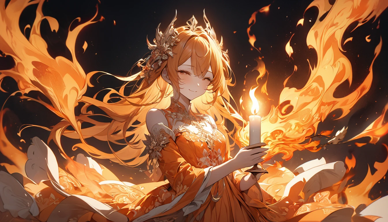 **324. One person。Personification of a candle flame。The embodiment of a candle flame, symbolizing warmth and transience。Cowboy shot or close-up。  
masterpiece, best quality, ultra detailed (Detailed fingers), (Emotional), (Breathtakingly beautiful),  
(main part: 1.2 Whole body。), (Anime Style), (Very detailed), (Candle flame personification),  
(超High resolution, High resolution), (8k), (High resolution: 1.2), (Complex and beautiful: 1.2)**
- background: Flickering candle light floating in the darkness。
- Personification: Young woman, around 1、Wearing a fiery orange dress。
-pose: Holding a candle、The moment the light was gently blown out was captured。
-expression: gently、And a fleeting smile。
- Effects: The flames sway in the wind、An effect that emphasizes the contrast between light and dark。
-color: Orange and Gold、A color that symbolizes warmth and transience。
