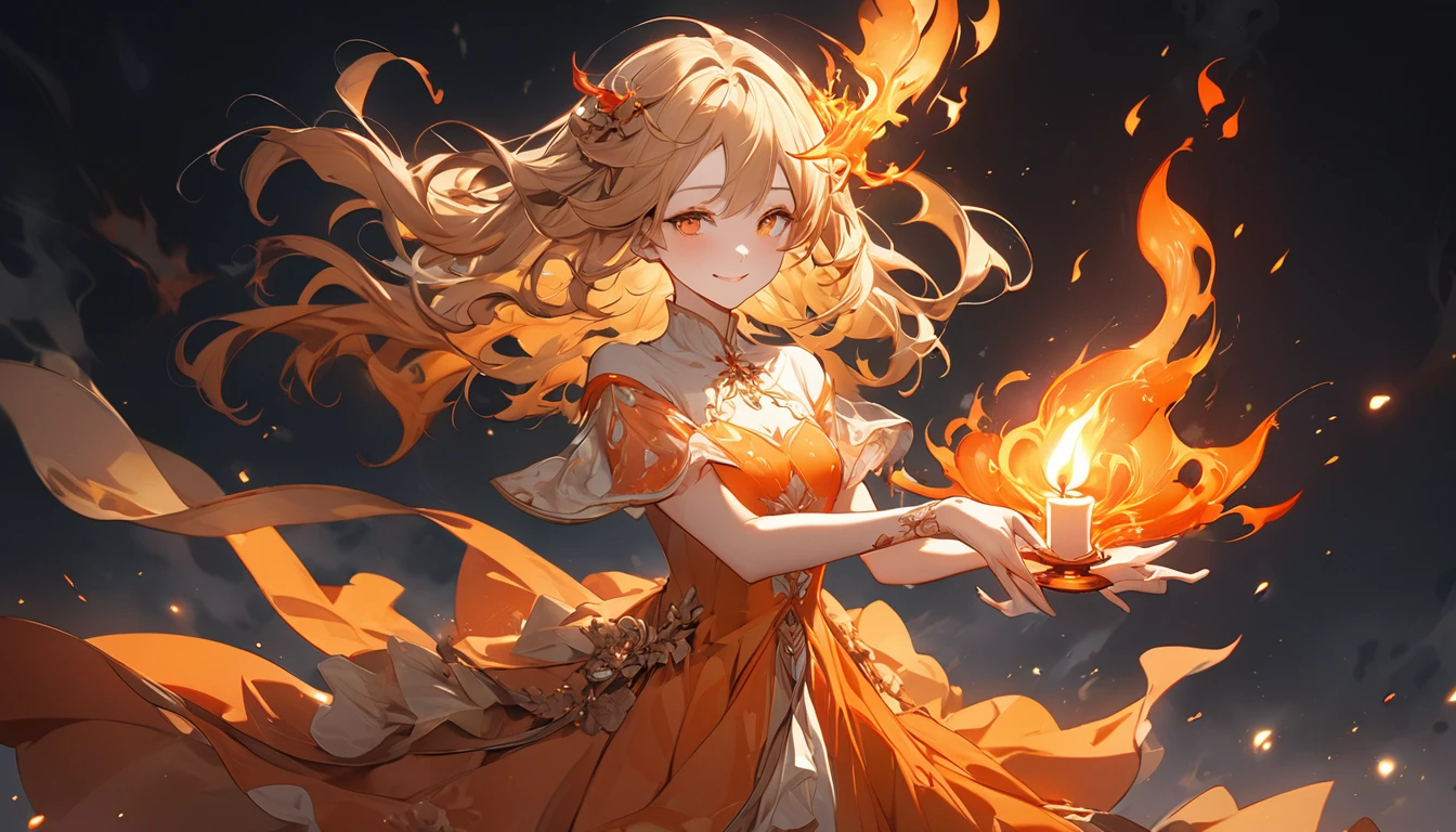 **324. One person。Personification of a candle flame。The embodiment of a candle flame, symbolizing warmth and transience。Cowboy shot or close-up。  
masterpiece, best quality, ultra detailed (Detailed fingers), (Emotional), (Breathtakingly beautiful),  
(main part: 1.2 Whole body。), (Anime Style), (Very detailed), (Candle flame personification),  
(超High resolution, High resolution), (8k), (High resolution: 1.2), (Complex and beautiful: 1.2)**
- background: Flickering candle light floating in the darkness。
- Personification: Young woman, around 1、Wearing a fiery orange dress。
-pose: Holding a candle、The moment the light was gently blown out was captured。
-expression: gently、And a fleeting smile。
- Effects: The flames sway in the wind、An effect that emphasizes the contrast between light and dark。
-color: Orange and Gold、A color that symbolizes warmth and transience。
