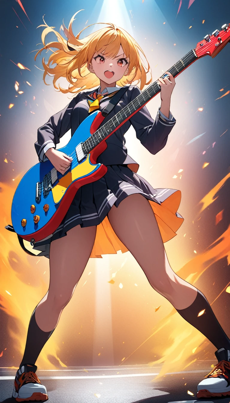 1girl,wearing schoolgirl uniform,Create dynamic image for a hard rock song with epic guitar solos for high-strength interval training. Focus on energy, strength, and bold colors.