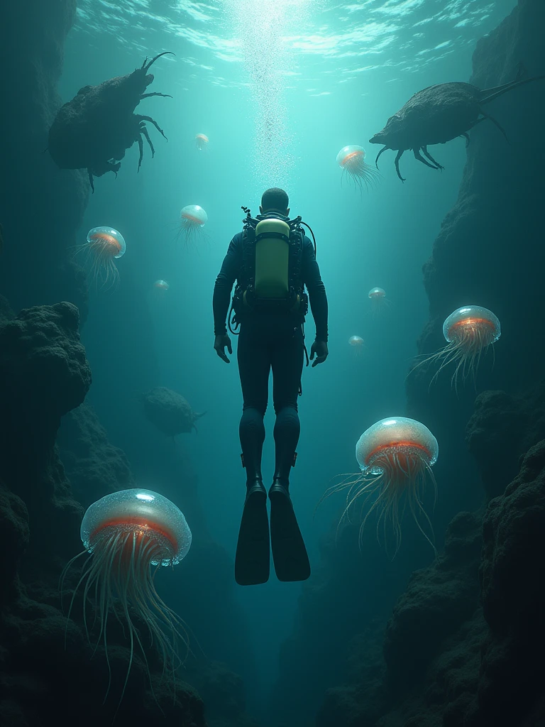 Diver with strange deep-sea creatures