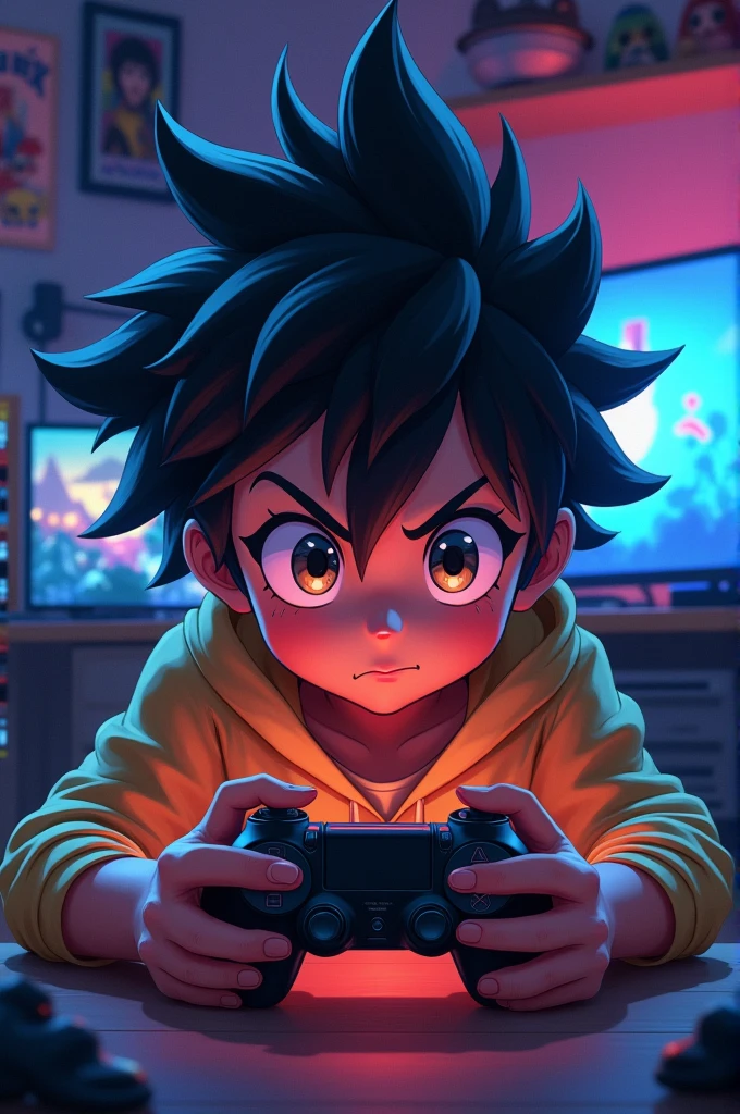 Anime gamer boy playing video games with a controller