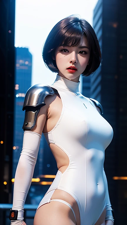 beautiful woman warrior in white shiny armor ninja jumpsuit ,red short hair , beautiful belly breasts ,holds a cyber gun ,dynamic pose, medium long shot .,sci-fi city and light bokeh background