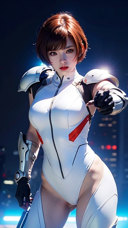 beautiful woman warrior in white shiny armor ninja jumpsuit ,red short hair , beautiful belly breasts ,holds a cyber gun ,dynamic pose, medium long shot .,sci-fi city and light bokeh background