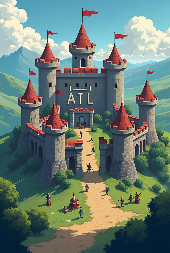 Last War game in war between miniature castles, all castles with the same strength and sizes, with 2D game graphics written &#39;atL&#39; between the castle