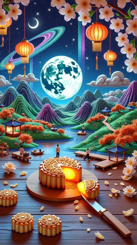 A captivating night scene in 3D art style, showcasing a tranquil Mid-Autumn Festival. The scene is filled with miniature mooncakes, tiny figures sawing and transporting mooncakes under an osmanthus tree. A half mooncake with molten filling sits on the desktop, with osmanthus petals scattered around. The moon hangs in the sky, illuminating colorful mountains, winding rivers, small boats, and little houses in a Chinese landscape painting style. A small pavilion sits on a mountain, with natural light from the silver moon gently illuminating the surroundings. The sky unfolds like velvet soaked in ink, dotted with countless twinkling stars resembling celestial gems. The environment is bathed in the soft glow of the stars and the moon, creating a dreamy, surreal atmosphere. The art is rendered with vibrant colors, high contrast, and a dopamine color scheme, evoking a Y2K style with a three-dimensional ancient Eastern poetic painting theme.
