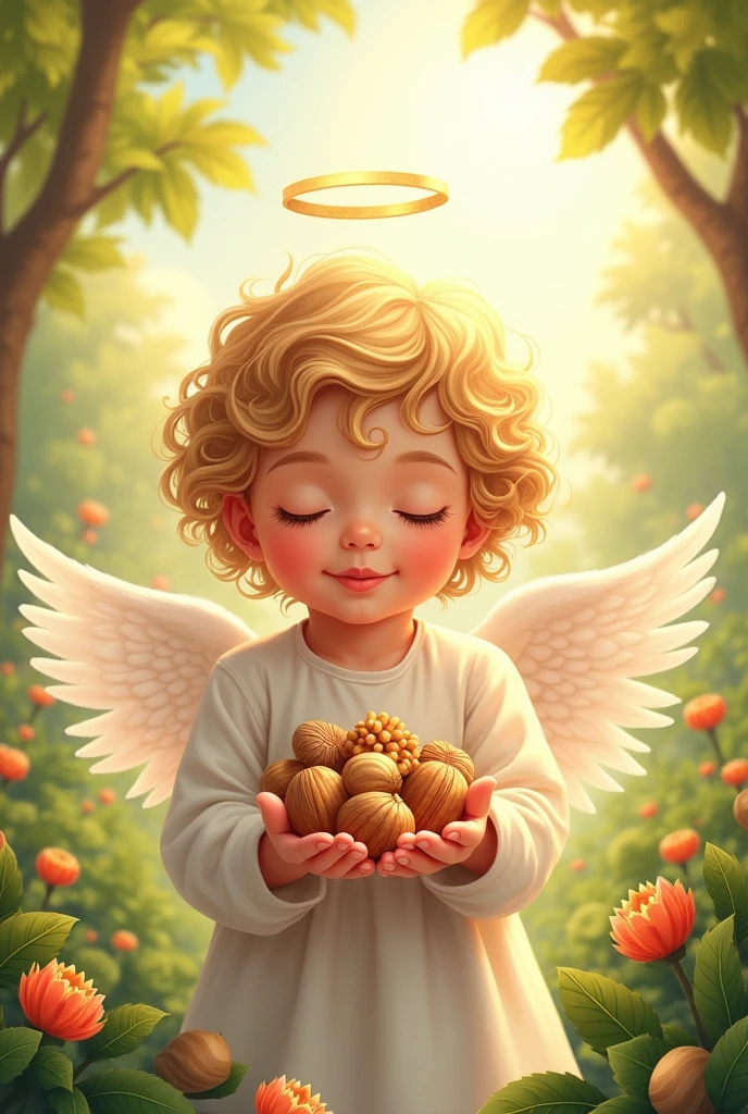 Nuts in the hands of an angel child , picture in the form of an illustration picture for the holiday nut spas, summer 