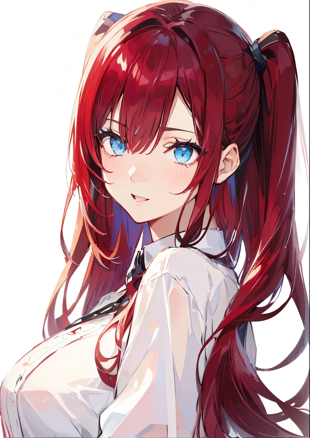 smile、Glasses、Bright Red Hair、Blue Eyes、Twin tails、Hair between the eyebrows、Straight Hair、blunt bangs、White shirt、White shirt、Black bow tie、Big Breasts、super fine illustration,(((beautiful fine hair))),(((beautiful fine face))),(((beautiful fine background))),
