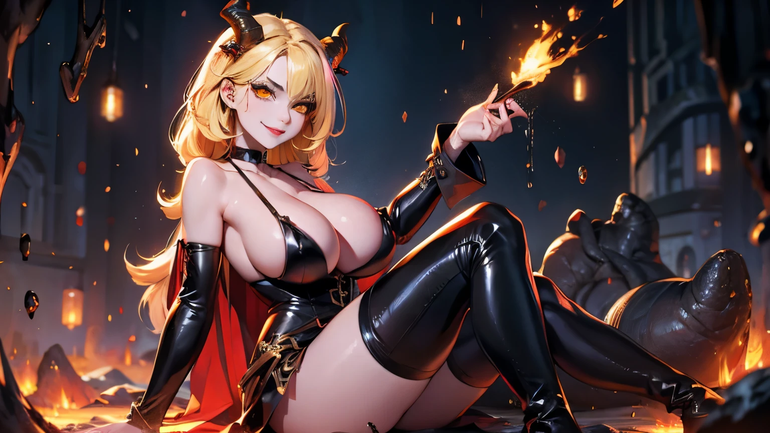 ((y, tall girl, beautiful and evil devil)) ((Pale skin)) ((Dark eyeshadow makeup)) ((Black glossy lipstick)), ((devilish smile)) ((big bright yellow eyes)) ((but long blonde and straight)) ((big6)) ((Skinny body:1.3)) ((wear black and red dress)) ((knee high boots, long gauntlets)) ((choker)) ((Goat long horns, Devil&#39;s tail, claws)) ((two pairs of large bat wings)) ((posing sexy inside thackyard of the devil&#39;s hell castle)) ((High Definition:1.5), ((pale lights)) ((masterpiece:1.5))((8k:1.5)) ((Best Quality:1.4)) (((remove, taking off the bottom of her panties)))
INFO
