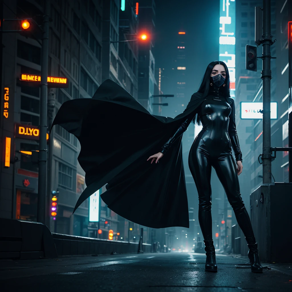 woman, long black hair, wears a very long black cape, futuristic gas mask, black latex top, tight cyberpunk leggings, black boots, assassin pose, destroyed night city background, cinematic lighting, high definition.