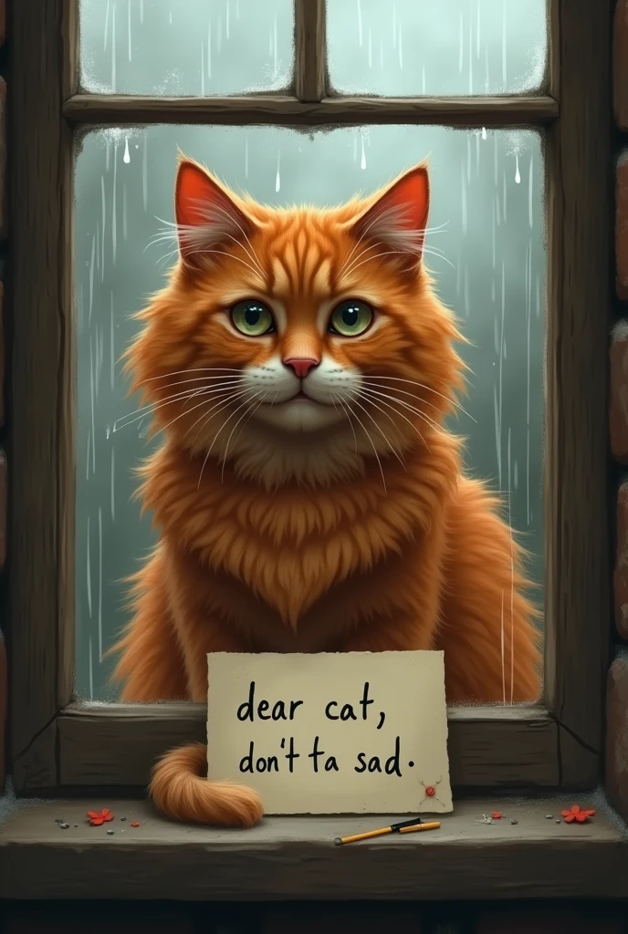 Long hairy red cat read "Dear cat, don't be sad" written on a white sheet of paper on the rainy window