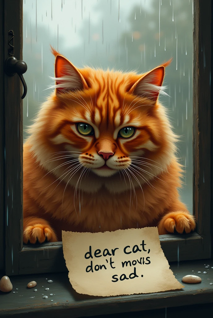 Long hairy red cat read "Dear cat, don't be sad" written on a white sheet of paper on the rainy window