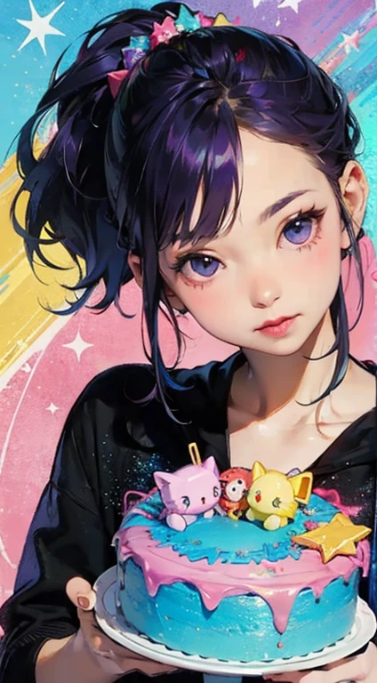 a girl with purple hair holding a piece of cake, inspired by Lisa Frank, pixiv contest winner, fantasy art, 4 k detail fantasy, tiny stars, airbrush fantasy 80s, unknown artist, her hair is in a pony tail, artgerm lau, comiс style, made of candy and lollypops, kidcore, rainbowcore, Kawaii, hello kitty, Sanrio,gyaru