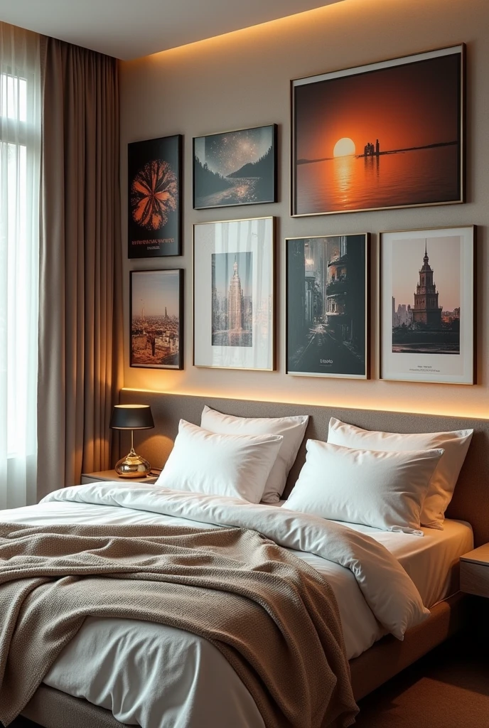 A bedroom decorated with iconic A4 aluminium posters