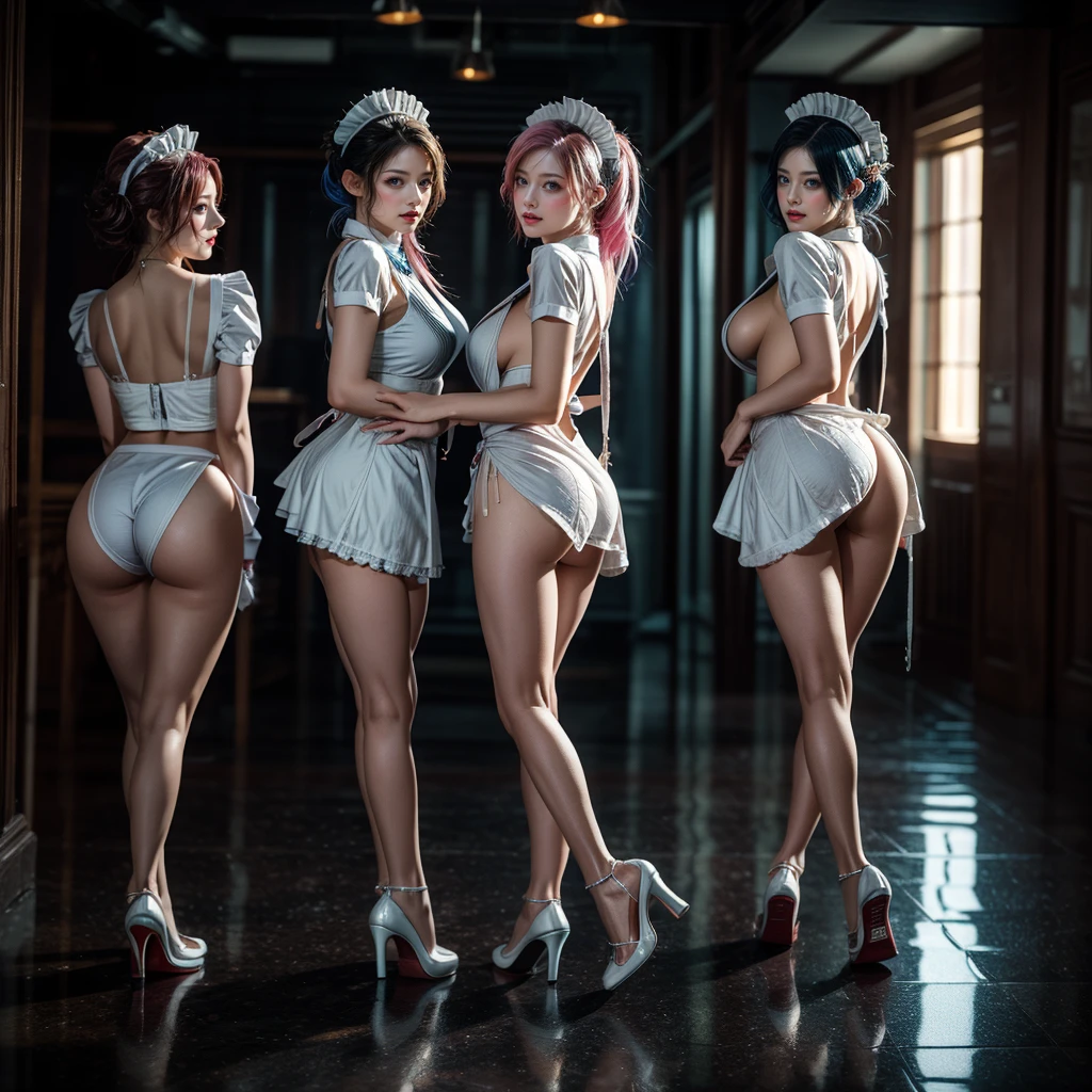 (Full Body of Extremely Detailed((Sexy Maid Group in a row:1.37))), KAWAII perfect face with Reflective Eyes, Detailed(Delicate Clothing textures), Correct Graceful Legs, Dynamic Joyful Expressions LifeLike Rendering, Specular Reflection, TopQuality 8K Ultra-detailed masterpiece (ProfessionalPhoto:1.37), (Acutance:0.8), (Luminism:1.28), Renaissance art style, Colorful Light particles, (Full body from side) {MicroMini Skirt|Kissing Face to Face|Thigh Gap|Cute Peach AssFocus|(NakedApron with (Overflowing Sideboob))}, Radiant Fine Skin with Transparency, (Exposed:0.4) {Pink Hair|LightBlue Hair|Blonde|Pure White Hair|Liquid Hair|Red Shoes}, Perfect Lighting