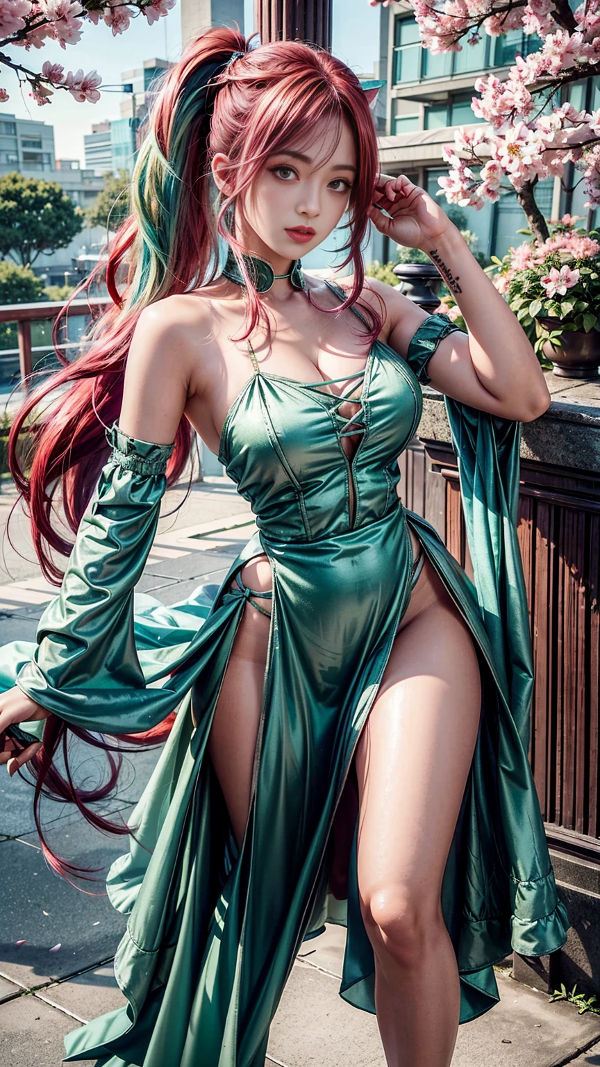 (((ultra realistic))), (((HDR))), (((masterpiece))), ((photorealism)), ((lighting)), Tall woman ((realistic)), Latin woman, medium bust ((ultra realistic)), sweaty skin ((ultra realistic)), dressed in transparent tunic ((ultra realistic)), (((woman in different positions ))), long green hair, (((ultra realistic) )), protection of a rose close to the face ((ultra realistic)), on a picnic ((ultra realistic)), walking through the countryside, ((realistic)), long purple hair blowing in the wind ((realistic)), sexy , ((ultra realistic)),((no clothes under transparent shirt)), green forest environment((ultra realistic)),((ultra realistic)), ((no clothes under tunic) ), ((ultra realistic)) , landscape of a mosque in the background.