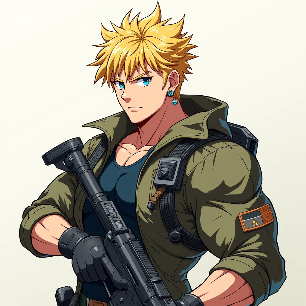 anime, anime風, Character portrait,male,Blonde, blue eyes, Earrings, muscle,soldier