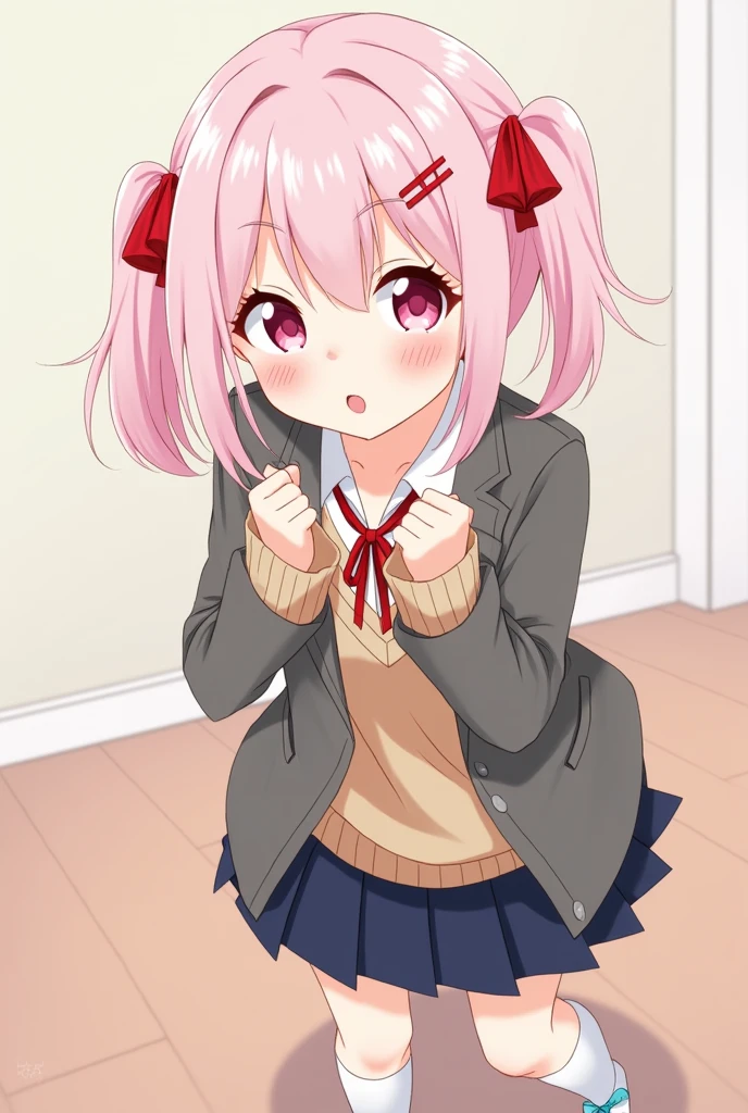 Anime Shy blushing 1 girl because She wanna tell you (you are cute lesbian girl to her that she love) She is a futa.
Natsuki from Doki Doki Literature Club has straight pastel pink hair, cut around chin length, and pink eyes. Her bangs are swept to the right, having two prominent strands of hair beside them. Her accessories consist of a red Japanese-style crossed hair clip, as well as two red ribbons tying two small ponytails on either side of her head, with the rest of her hair left down. She wears the standard issue female school uniform consisting of a warm gray blazer fully buttoned and untucked, brown sweater vest, white shirt fully buttoned and tucked, red ribbon, dark blue pleated skirt, white knee-high socks and white uwabaki slippers with sky blue tips. DOKI DOKI LITERATURE CLUB. #DDLC