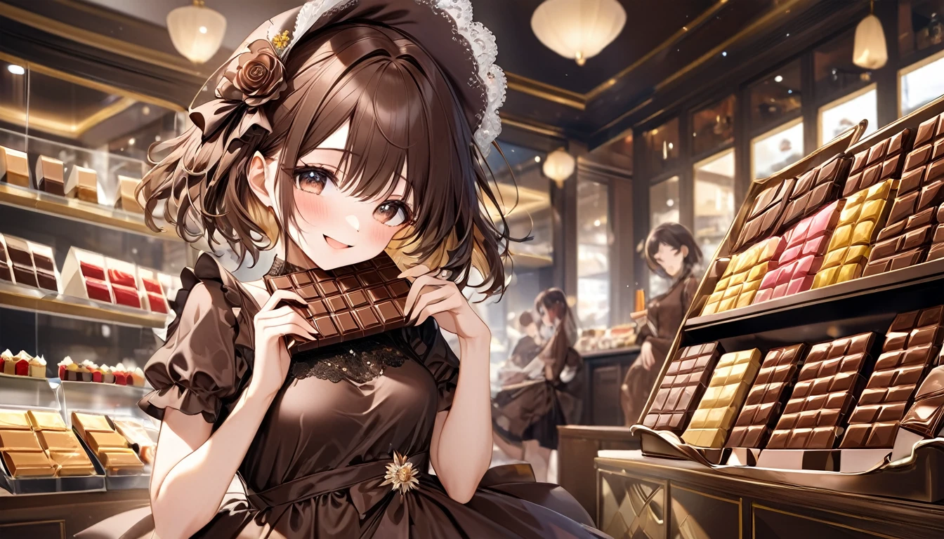 **325. One person。Anthropomorphism of chocolate。Chocolate is the embodiment of sweetness and seduction。Cowboy shot or close-up。
masterpiece, best quality, ultra detailed (Detailed fingers), (Emotional), (Breathtakingly beautiful),
(main part: 1.2 Whole body。), (Anime Style), (Very detailed), (Chocolate Personification),
(超High resolution, High resolution), (8k), (High resolution: 1.2), (Complex and beautiful: 1.2)**
- background: Inside a luxurious chocolate shop、Colorful chocolates lined up。
- Personification: Young woman, around 1、Wearing a chocolate brown dress。
-pose: A photo of someone bringing a chocolate bar to their mouth.。
-expression: A seductive and sweet smile。
- Effects: The chocolate melts and gives off a glossy finish.、Captivating atmospheric effects。
-color: Dark brown and gold、A color that symbolizes the richness and luxury of chocolate。