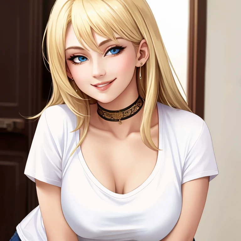 1woman, leaning forward, winking, , smiling, looking at viewer, centered, choker , blondde hair, , dark blue eyes, piercing eyes downblouse, loose t-shirt, medium breasts, masterpiece, intricate, realistic, cute face, sharp focus, award winning photograph, white shirt,