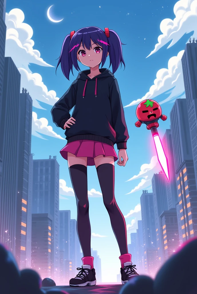 anime poster a girl with dark purple hair and two pink streaks on her bangs, wearing a black sweatshirt, a short pink skirt and black leggings, pink socks and black shoes is standing against the background of a futuristic city, a small strawberry-shaped robot is flying next to her in his hand he holds a pink-red energy blade above it I find the inscription "Anime Legends: The Last Knight".